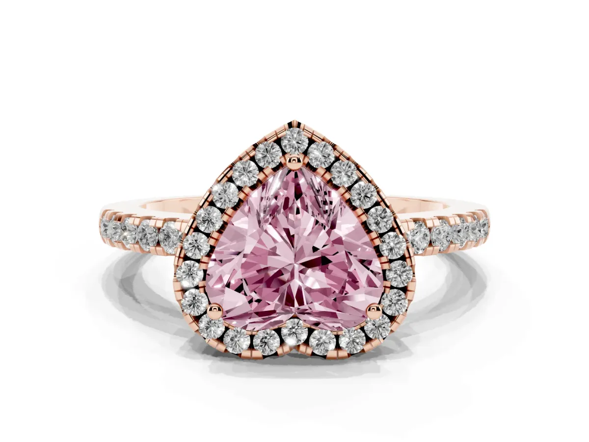 Fancy Pink Heart Cut Halo Diamond Engagement Ring with Pavé Band and Four-Prong Setting Rose gold