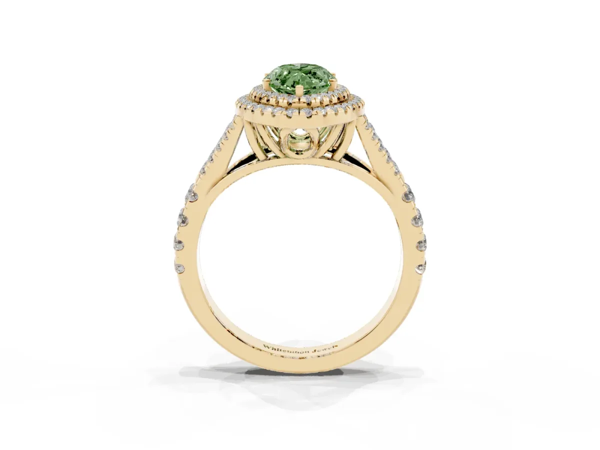 Fancy Green Marquise Cut Diamond Pavé Split Shank Double Halo Engagement Ring Yellow gold