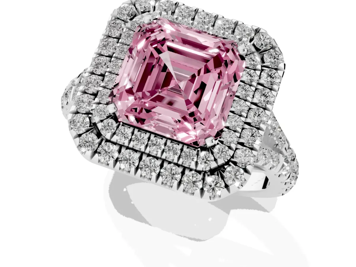 Fancy Pink Asscher Cut Cut Double Halo Split Shank Diamond Ring with Prong Setting Platinum