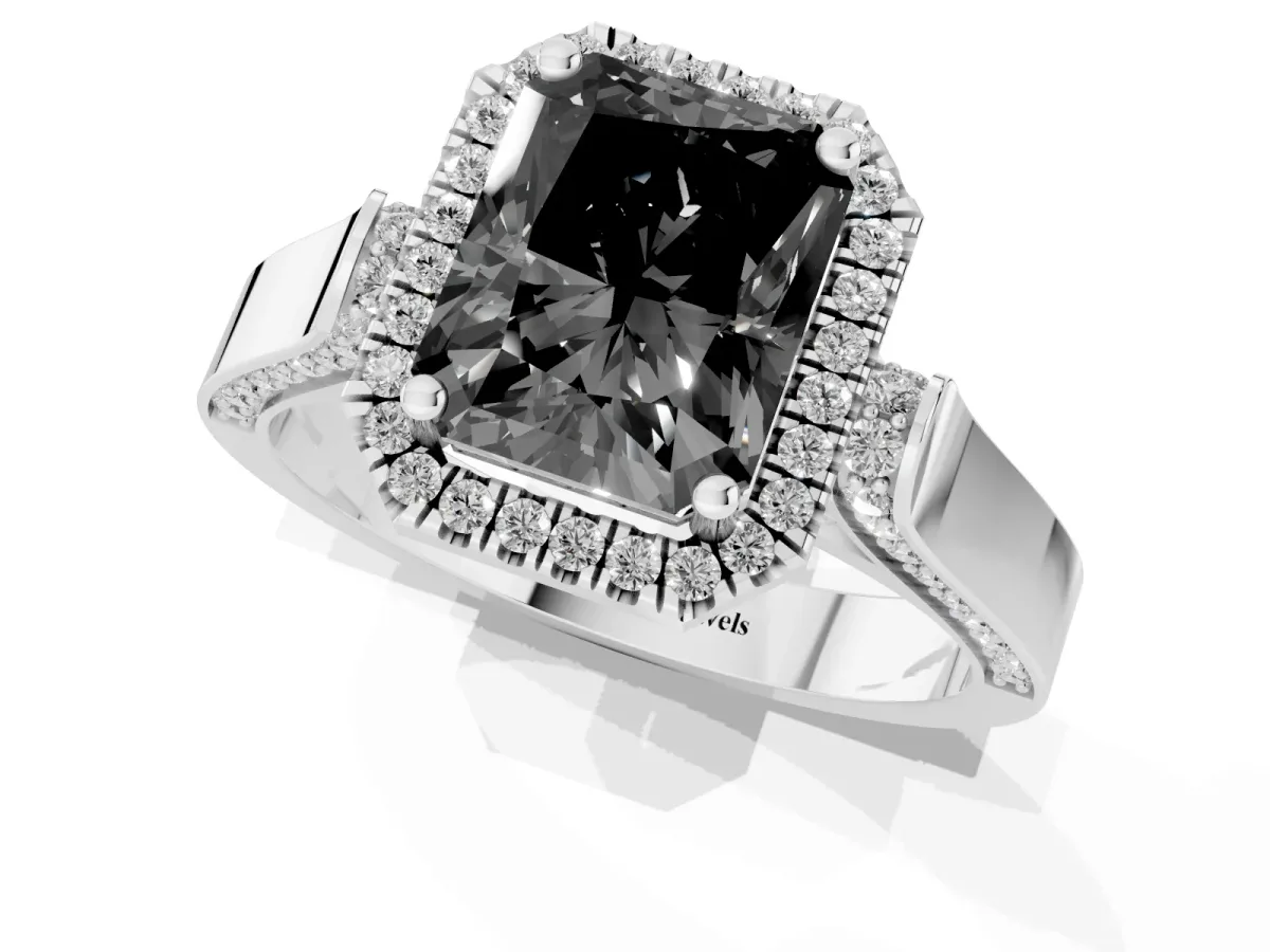 Fancy Black Radiant Cut Halo Round Diamond Twist Band with Four-Prong Setting White gold
