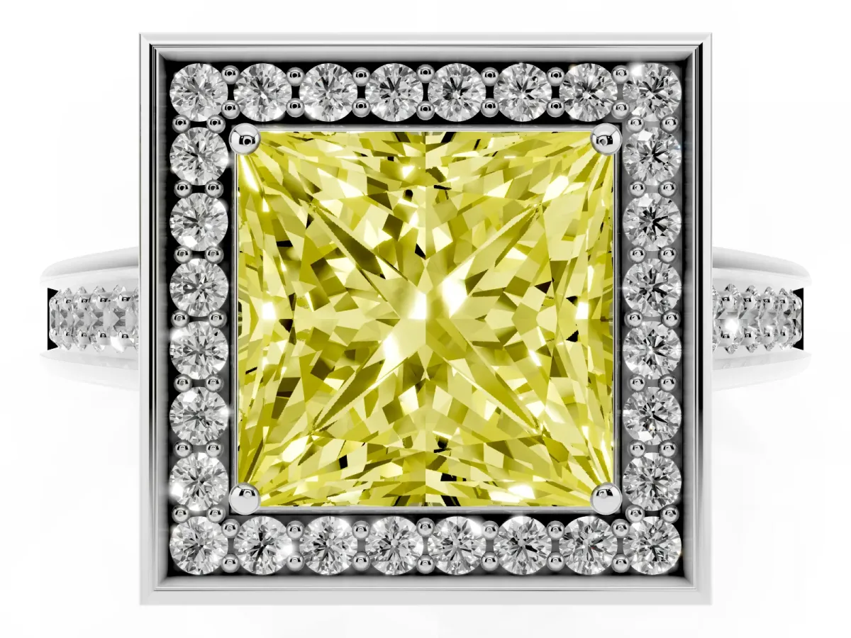 Fancy Yellow Princess Cut Halo Solitaire Diamond Ring with Pave Band and Bezel Setting Platinum