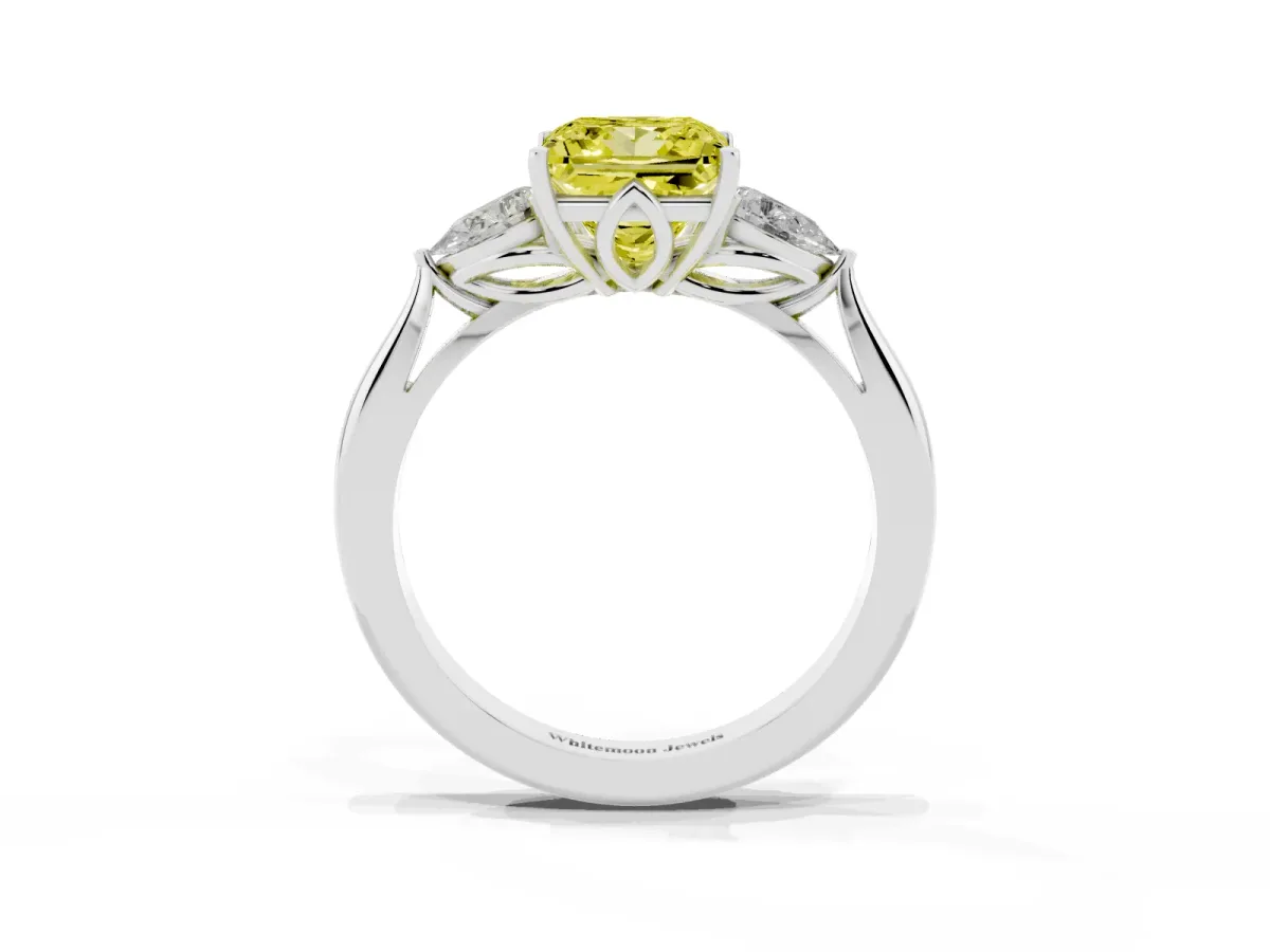 Fancy Yellow Three-Stone Princess Cut Brilliant Diamond Solitaire Ring with Tapered Band and Four-Prong Setting White gold