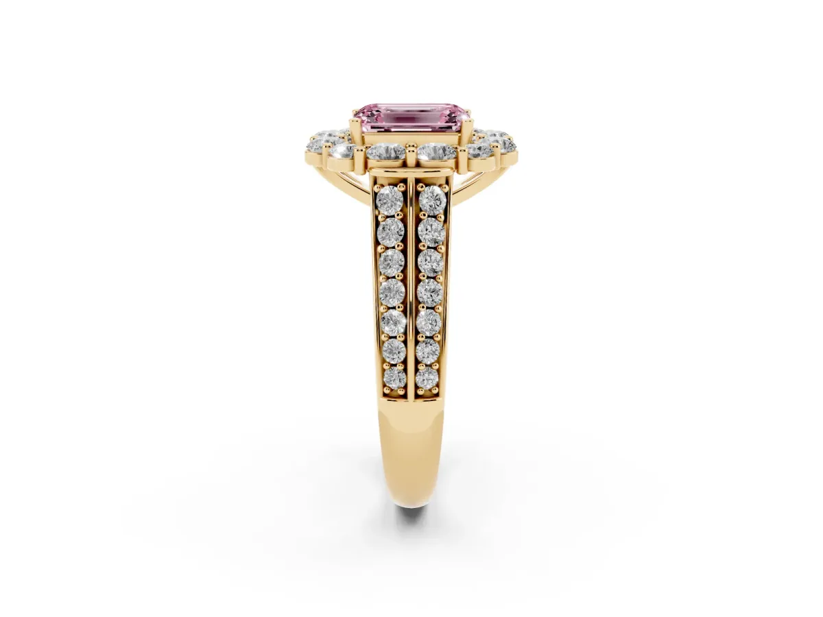 Fancy Pink Emerald Cut Halo Diamond Engagement Ring with Split Shank and Prong Setting Yellow gold
