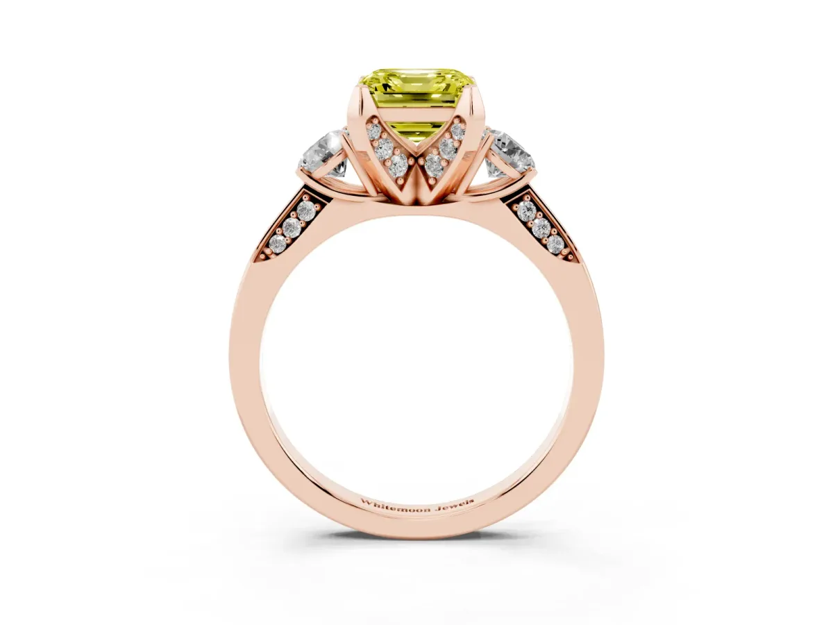 Fancy Yellow Asscher Cut Brilliant Three-Stone Diamond Ring with Pavé Band and Four-Prong Setting Rose gold
