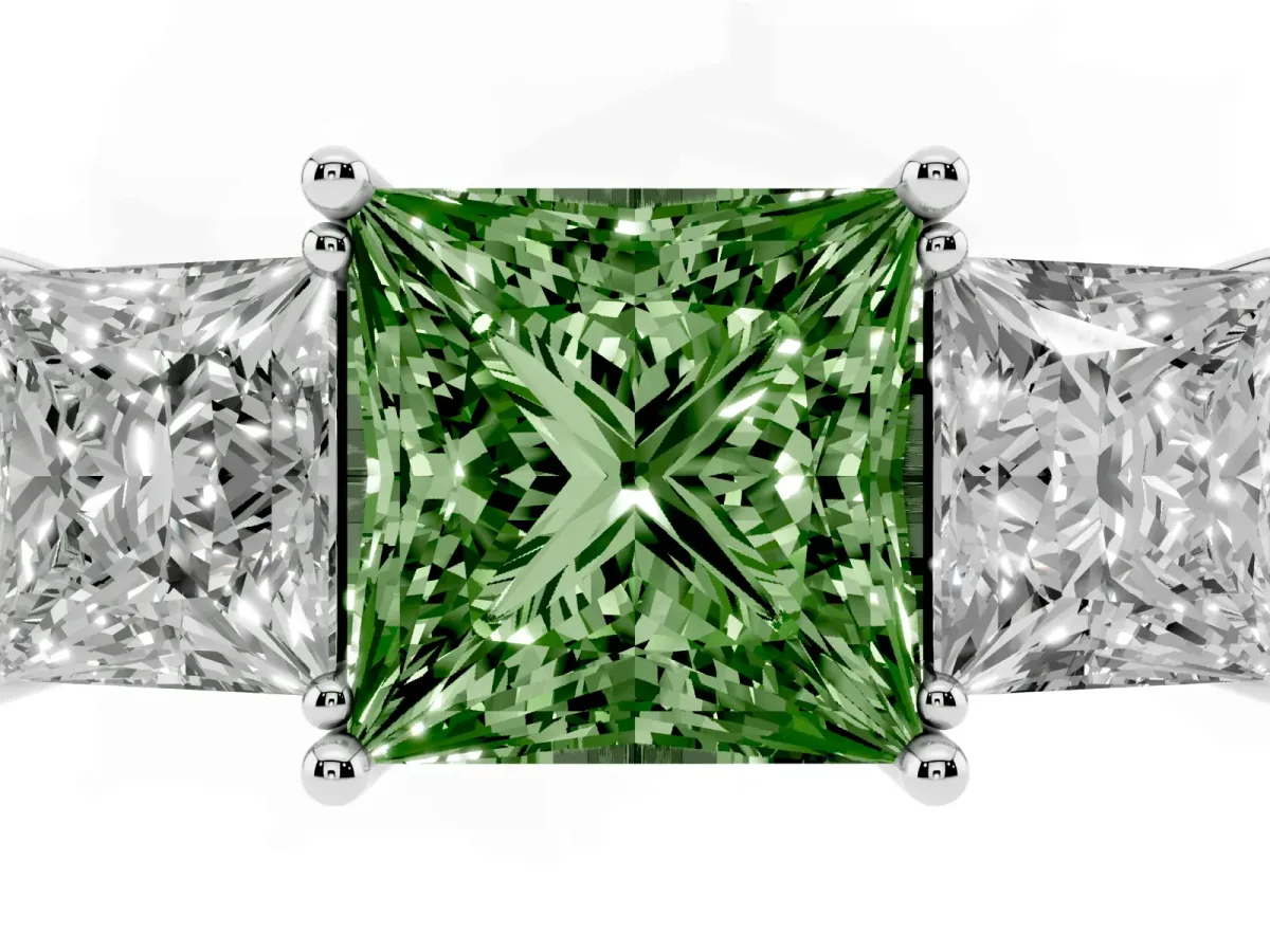 Fancy Green Three-Stone Princess Cut Cut Diamond Engagement Ring with Prong Setting on a White Gold Band White gold