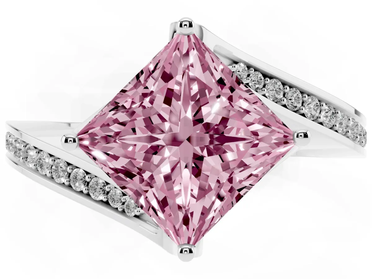 Fancy Pink Princess Cut Solitaire Diamond Twist Band with Pavé Setting and Four-Prong Setting Silver