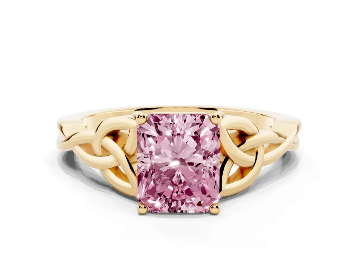 Fancy Pink Radiant Cut Diamond Solitaire Engagement Ring with Celtic Knot Band and Four-Prong Setting Yellow gold