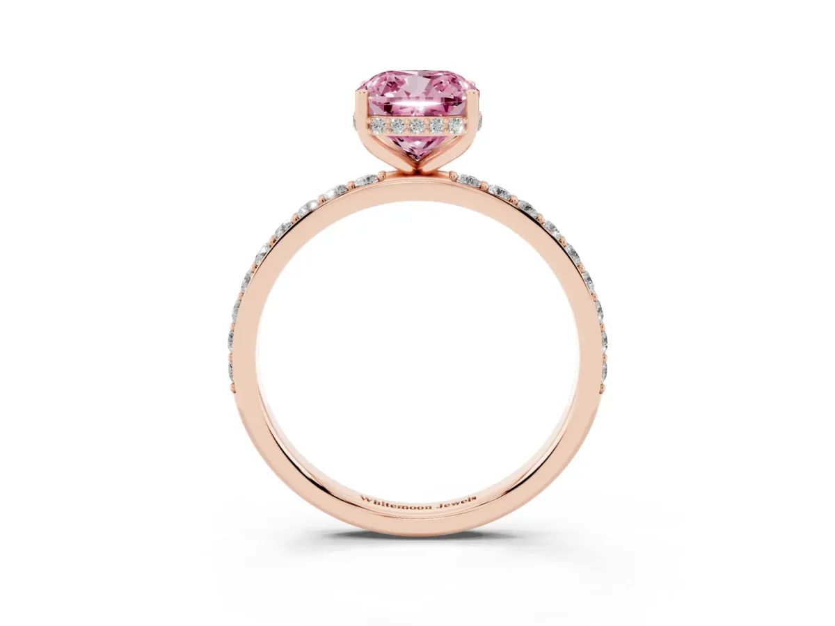 Fancy Pink Cushion Cut Diamond Solitaire Ring with Pavé Band and Hidden Halo Rose gold