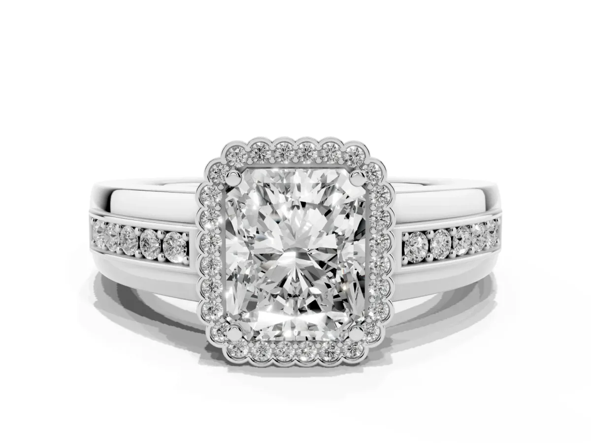 Radiant Cut Cut Halo Pave Band Four-Prong Ring Silver