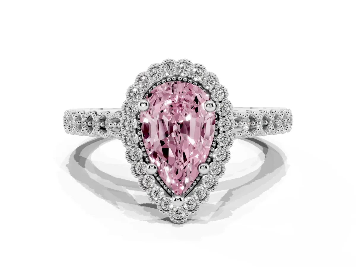 Fancy Pink Pear Cut Cut Halo Pavé Solitaire Ring with Milgrain Band Platinum
