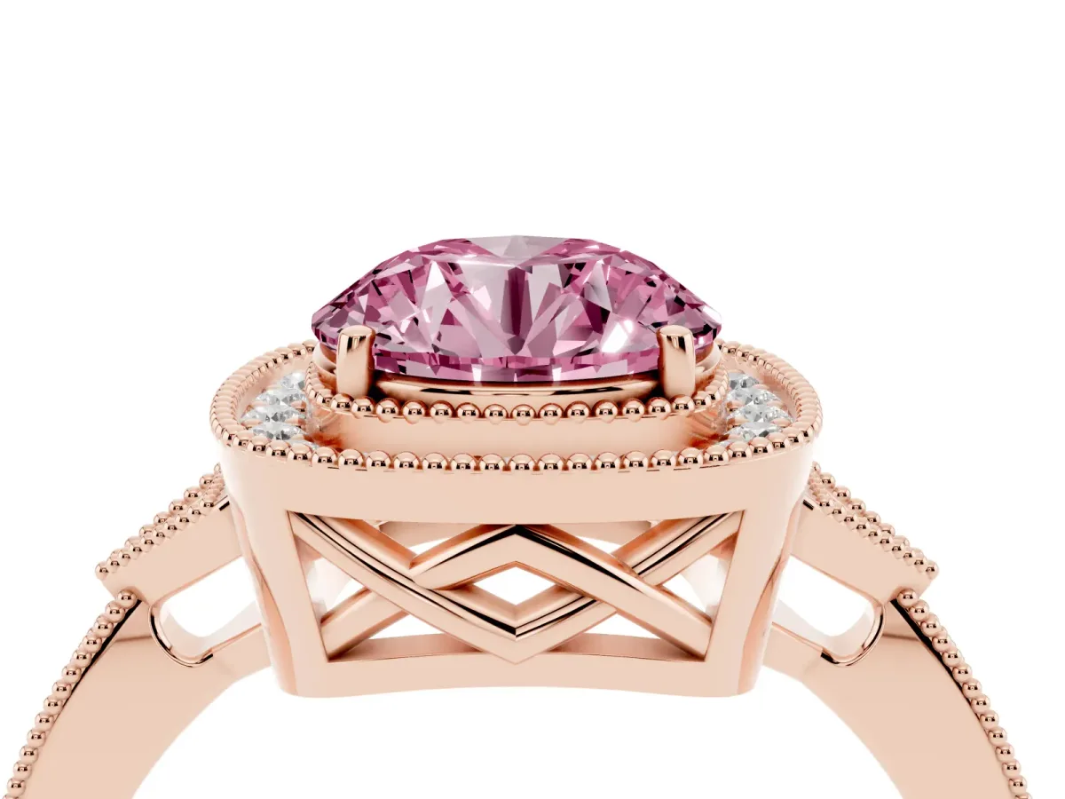 Fancy Pink Round Cut Halo Round Diamond Milgrain Pave Engagement Ring Rose gold