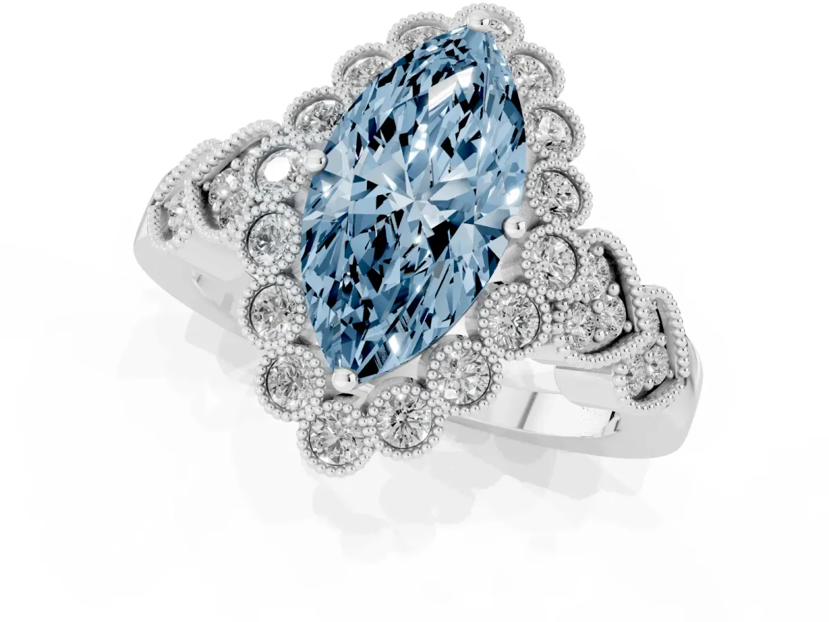 Fancy Blue Marquise Cut Brilliant Milgrain Pave Heart Band Solitaire Ring Silver