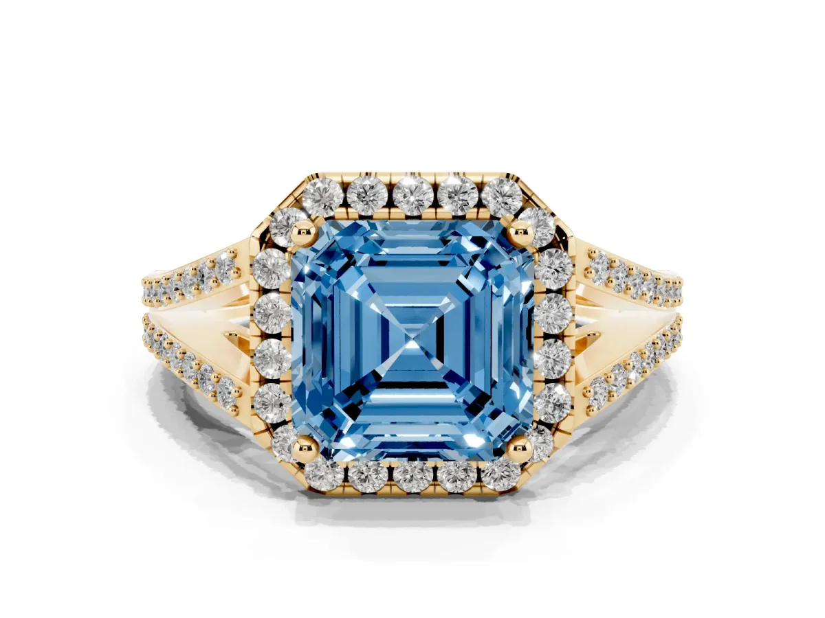Fancy Blue Asscher Cut Halo Split Shank Diamond Ring with Prong Setting Yellow gold