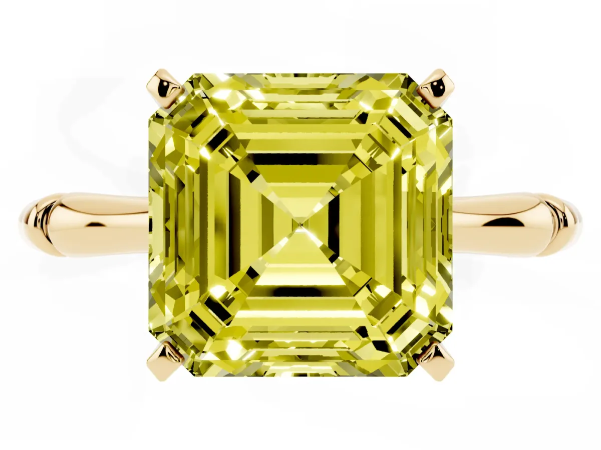Fancy Yellow Asscher Cut Solitaire Diamond Ring with Bamboo Band and Four-Prong Setting Yellow gold