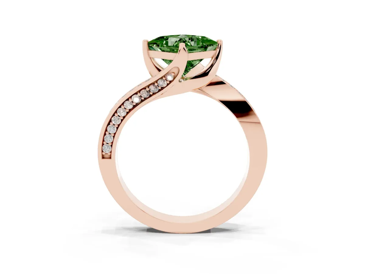 Fancy Green Princess Cut Solitaire Diamond Twist Band with Pavé Setting and Four-Prong Setting Rose gold