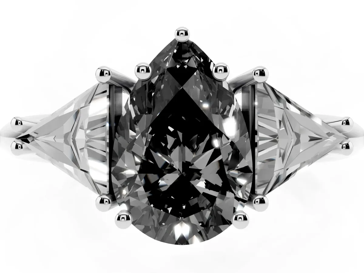 Fancy Black Three-Stone Pear Cut Diamond Engagement Ring with Trillion Side Stones and Prong Setting Silver