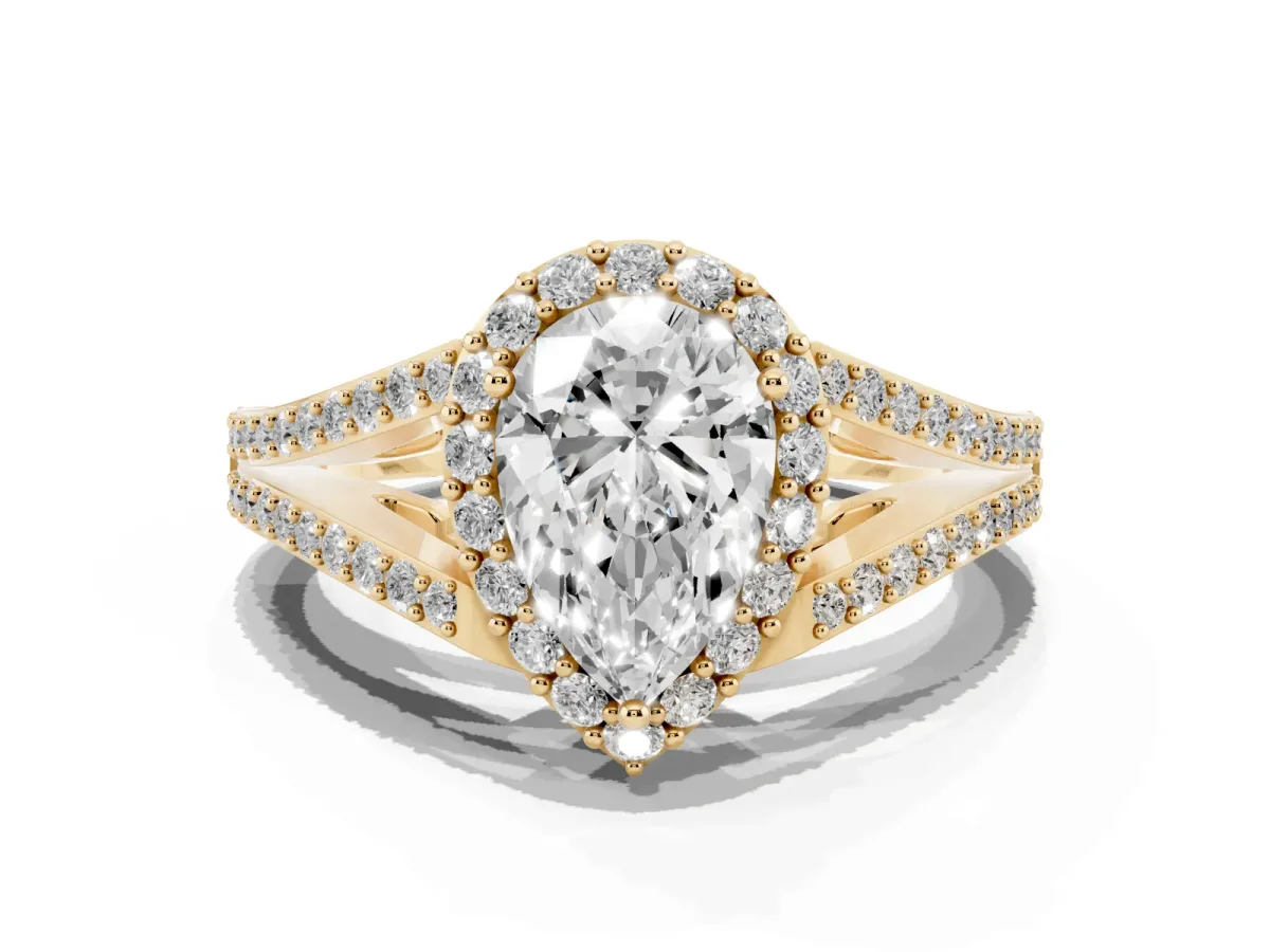 Pear Cut Halo Split Shank Pave Diamond Ring with Four-Prong Setting Yellow gold
