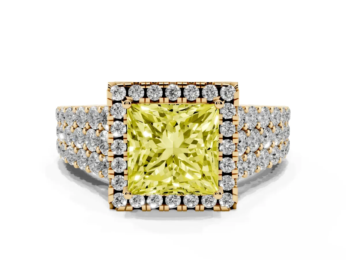 Fancy Yellow Princess Cut Diamond Halo Engagement Ring with Triple Row Round Pavé Band and Prong Setting Yellow gold