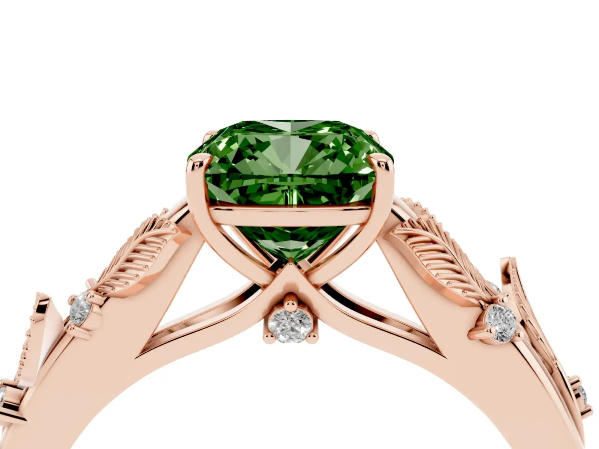Fancy Green Cushion Cut Diamond Solitaire Ring with Leaf Motif Band and Four-Prong Setting Rose gold