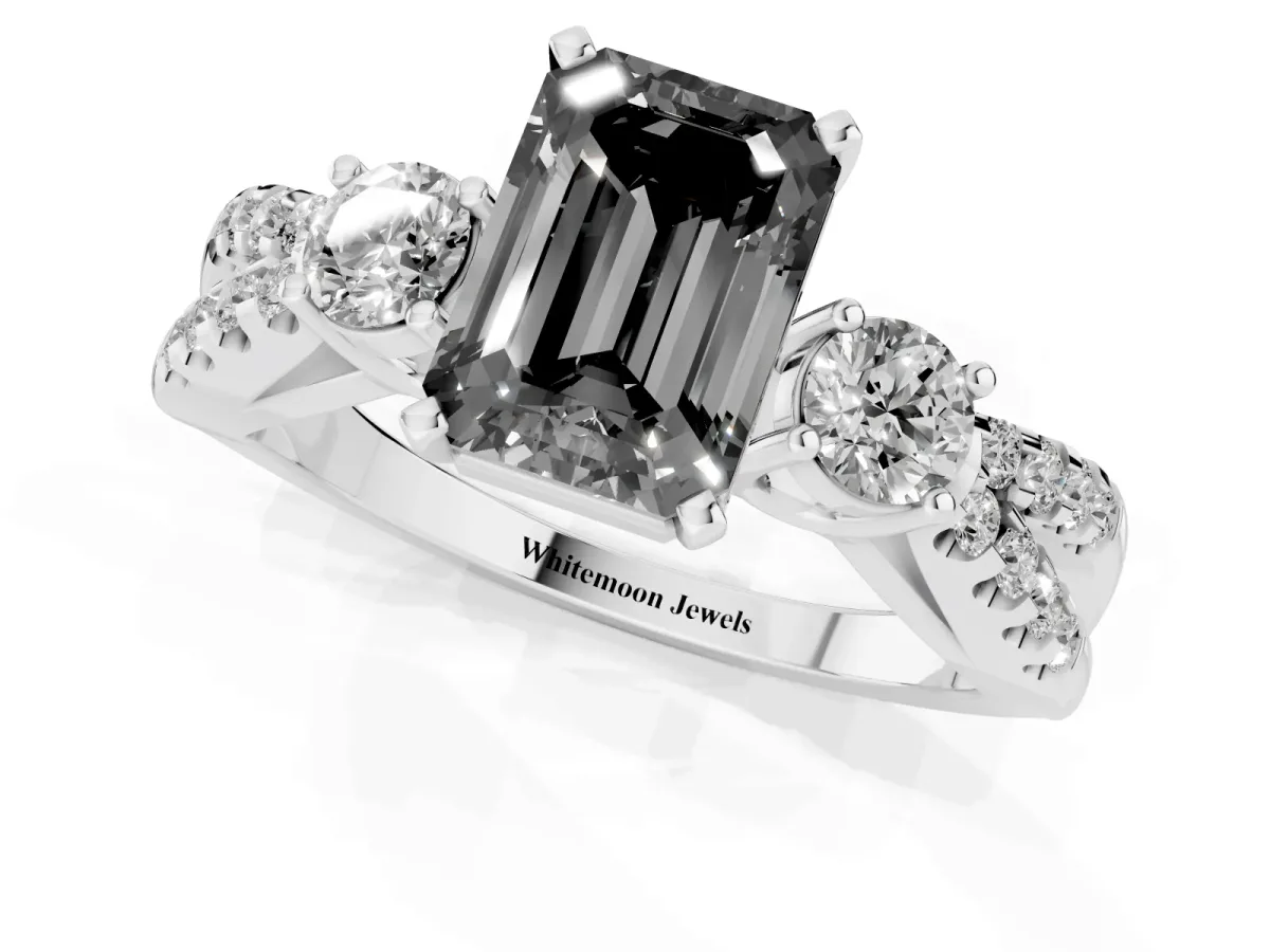 Fancy Black Emerald Cut Diamond Three-Stone Ring with Pavé Split Shank and Four-Prong Setting Platinum