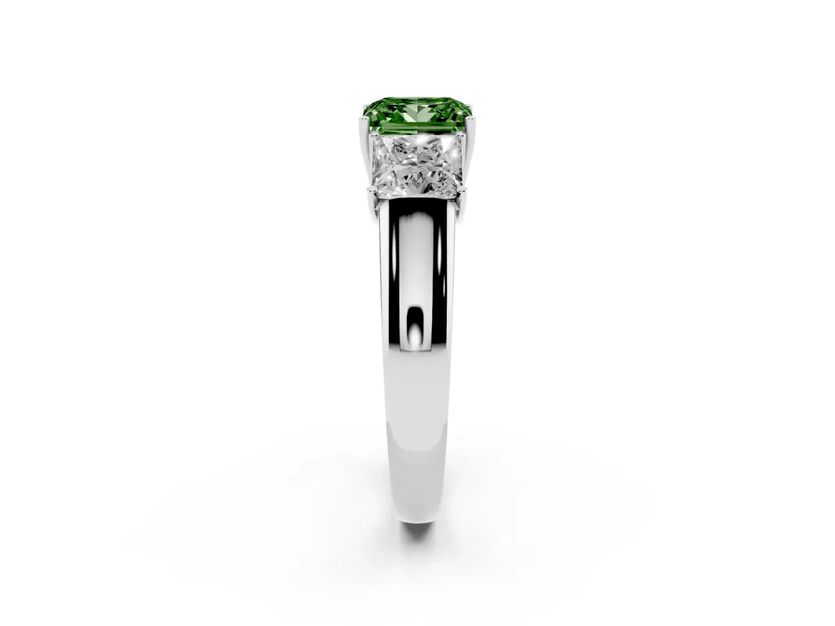 Fancy Green Three-Stone Princess Cut Cut Diamond Ring with Prong Setting and Classic Band Platinum