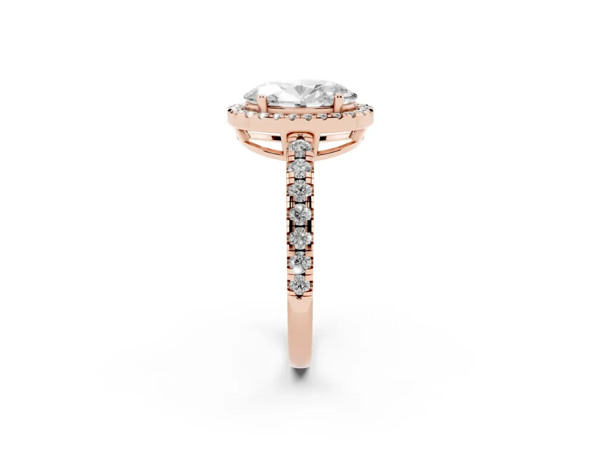 Oval Cut Diamond Halo Ring with Pavé Band and Four-Prong Setting Rose gold