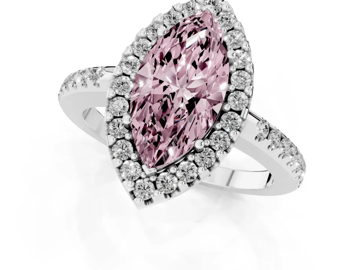 Fancy Pink Marquise Cut Diamond Pavé Halo Ring with Four-Prong Setting Silver