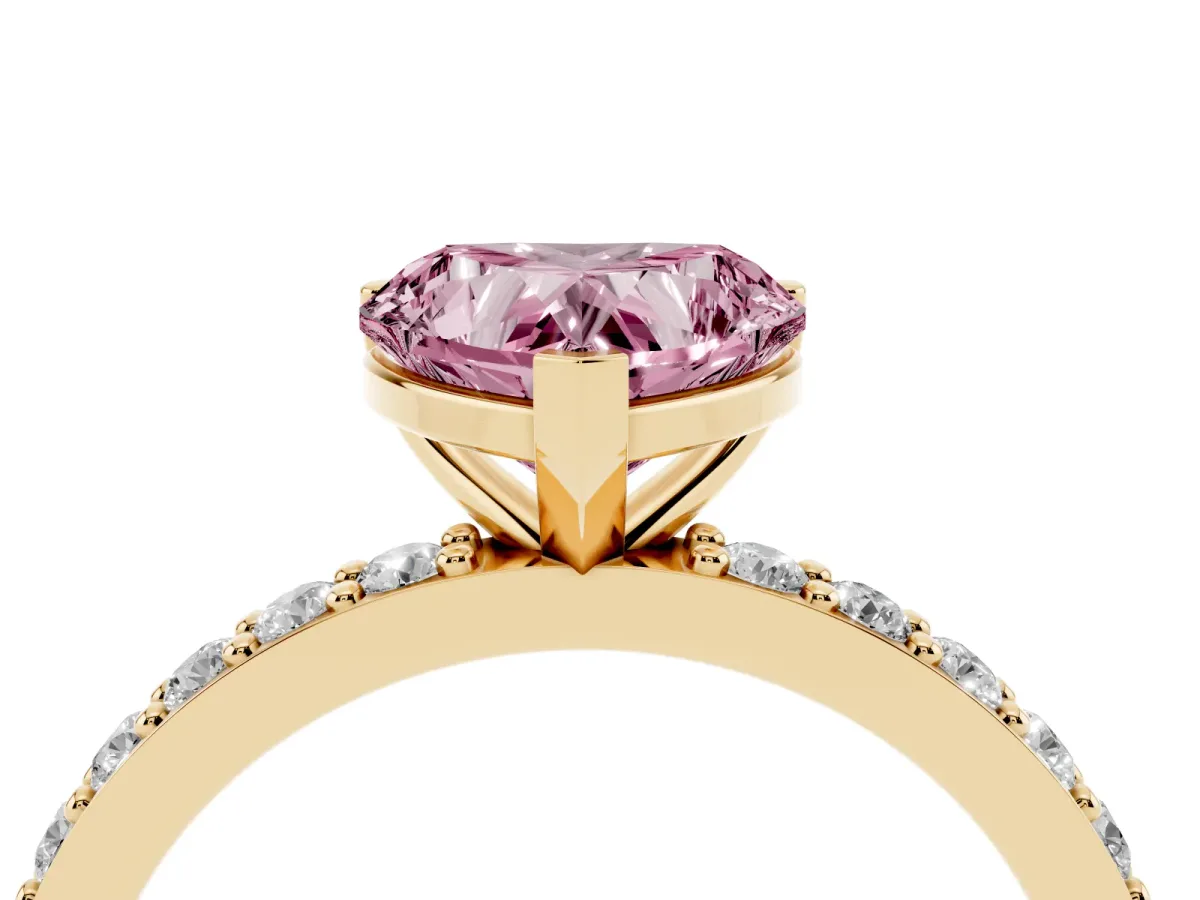Fancy Pink Heart Cut Cut Diamond Solitaire with Pave Band and Four-Prong Setting Yellow gold
