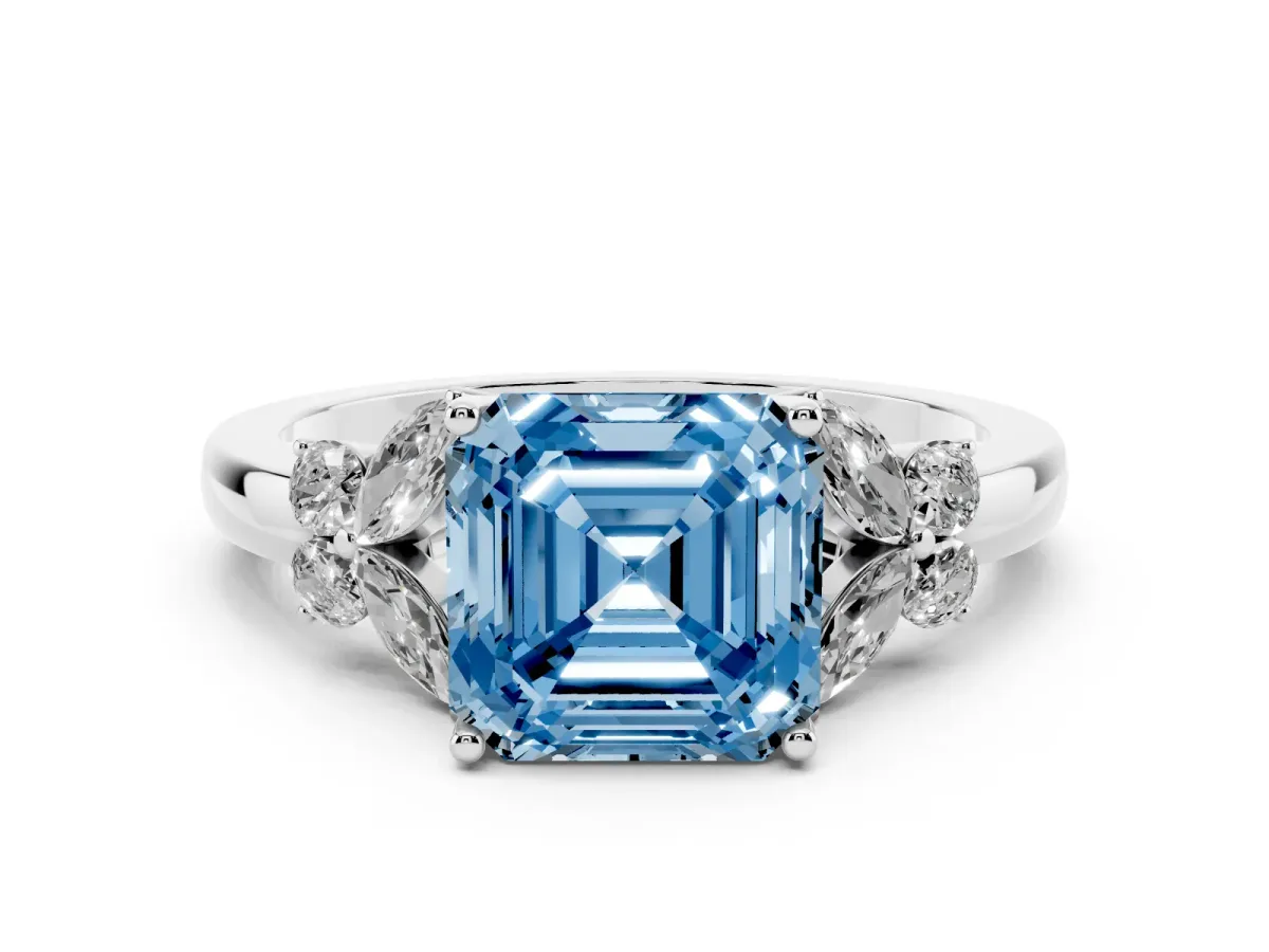 Fancy Blue Asscher Cut Cut Solitaire Floral Diamond Ring with Four-Prong Setting Silver