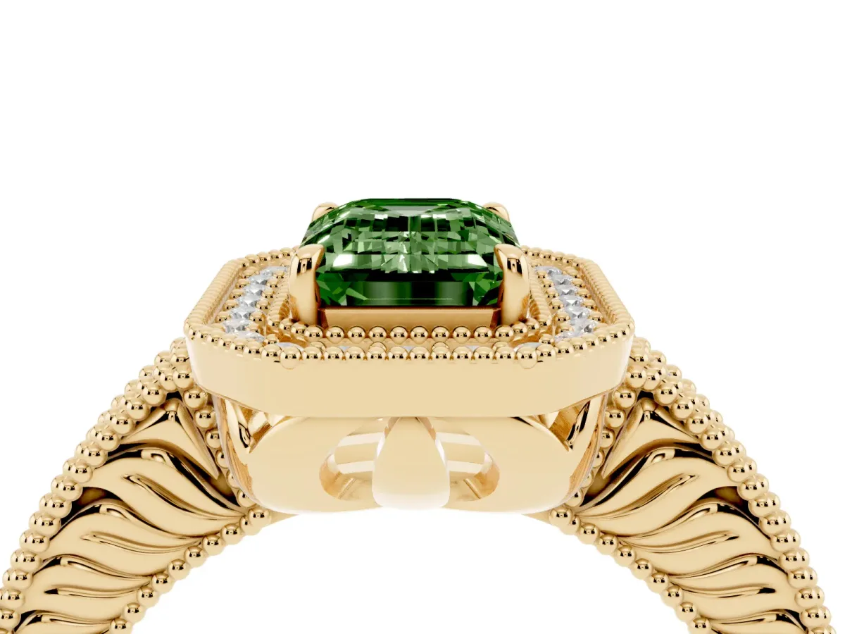 Fancy Green Emerald Cut Cut Halo Diamond Ring with Pavé Band and Four-Prong Setting Yellow gold