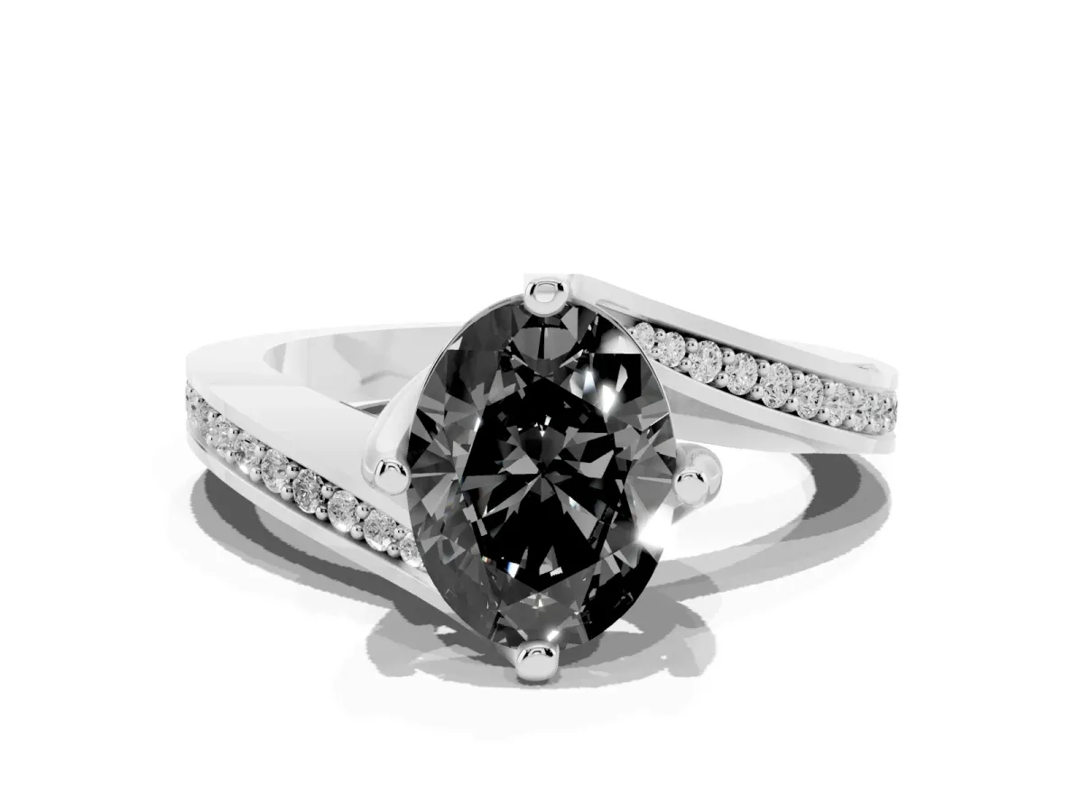 Fancy Black Oval Cut Solitaire Diamond Twist Band with Pavé Setting and Four-Prong Setting Silver