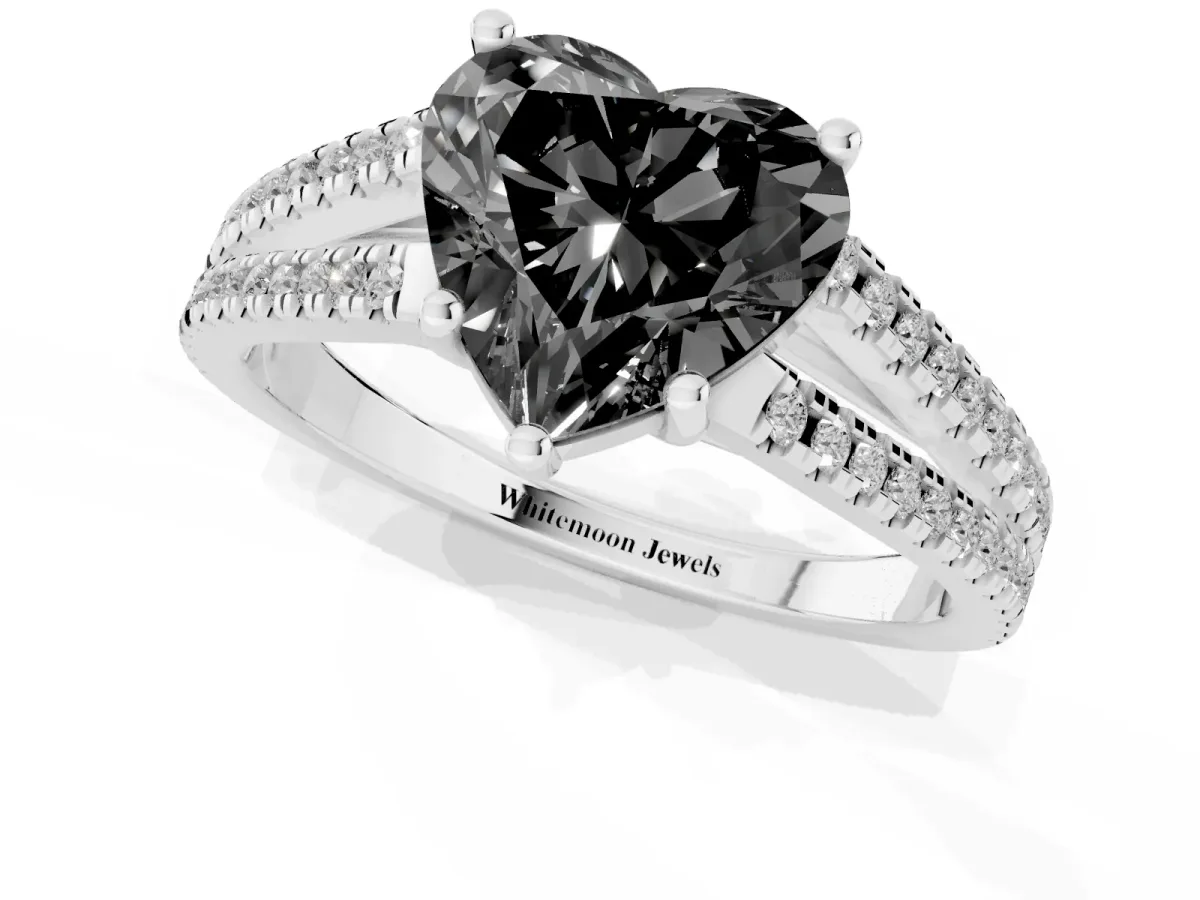 Fancy Black Heart Cut Diamond Solitaire Engagement Ring with Split Shank Pavé Band Silver