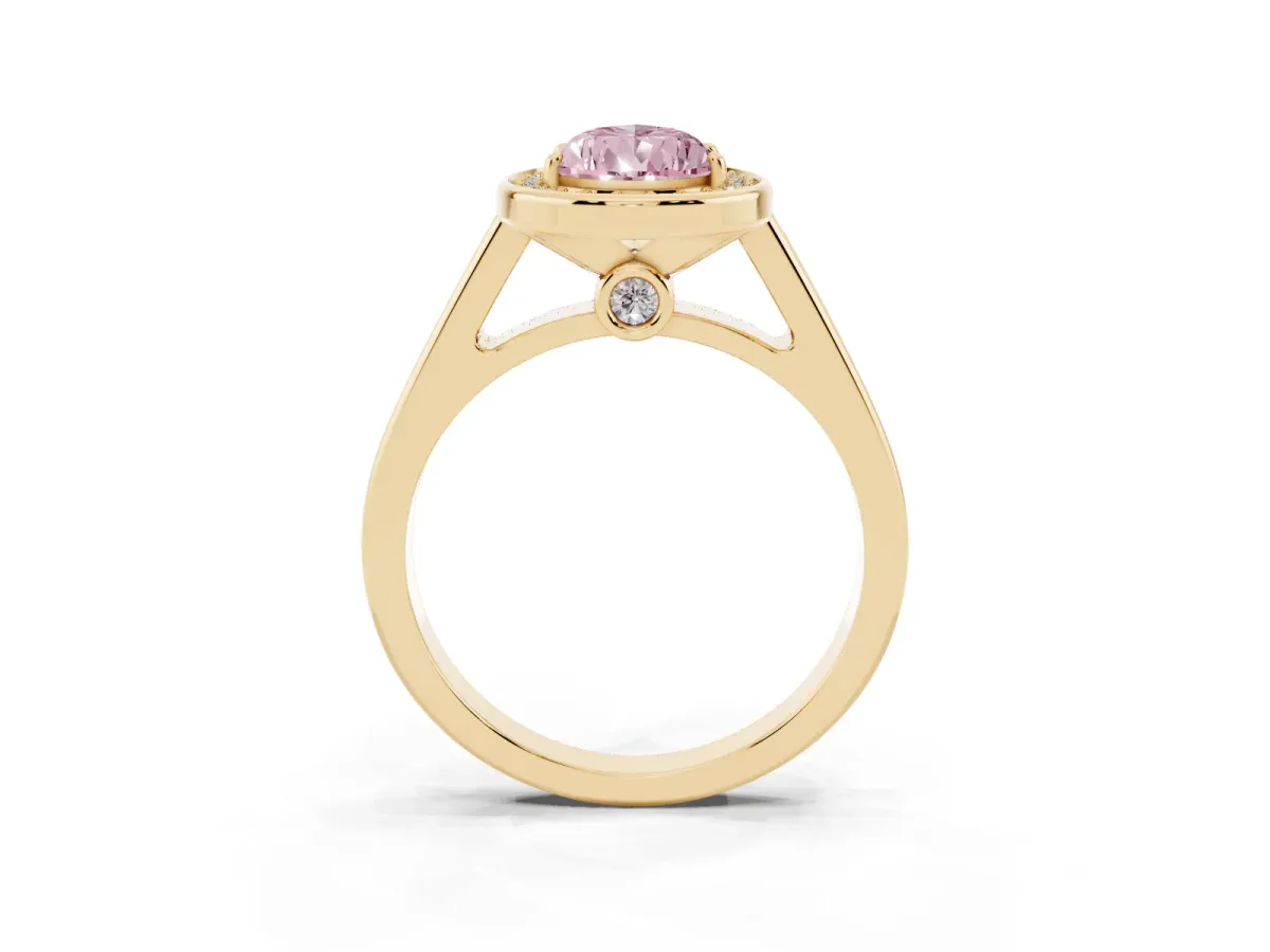 Fancy Pink Pear Cut Halo Solitaire Diamond Ring with Pave Band and Bezel Setting Yellow gold