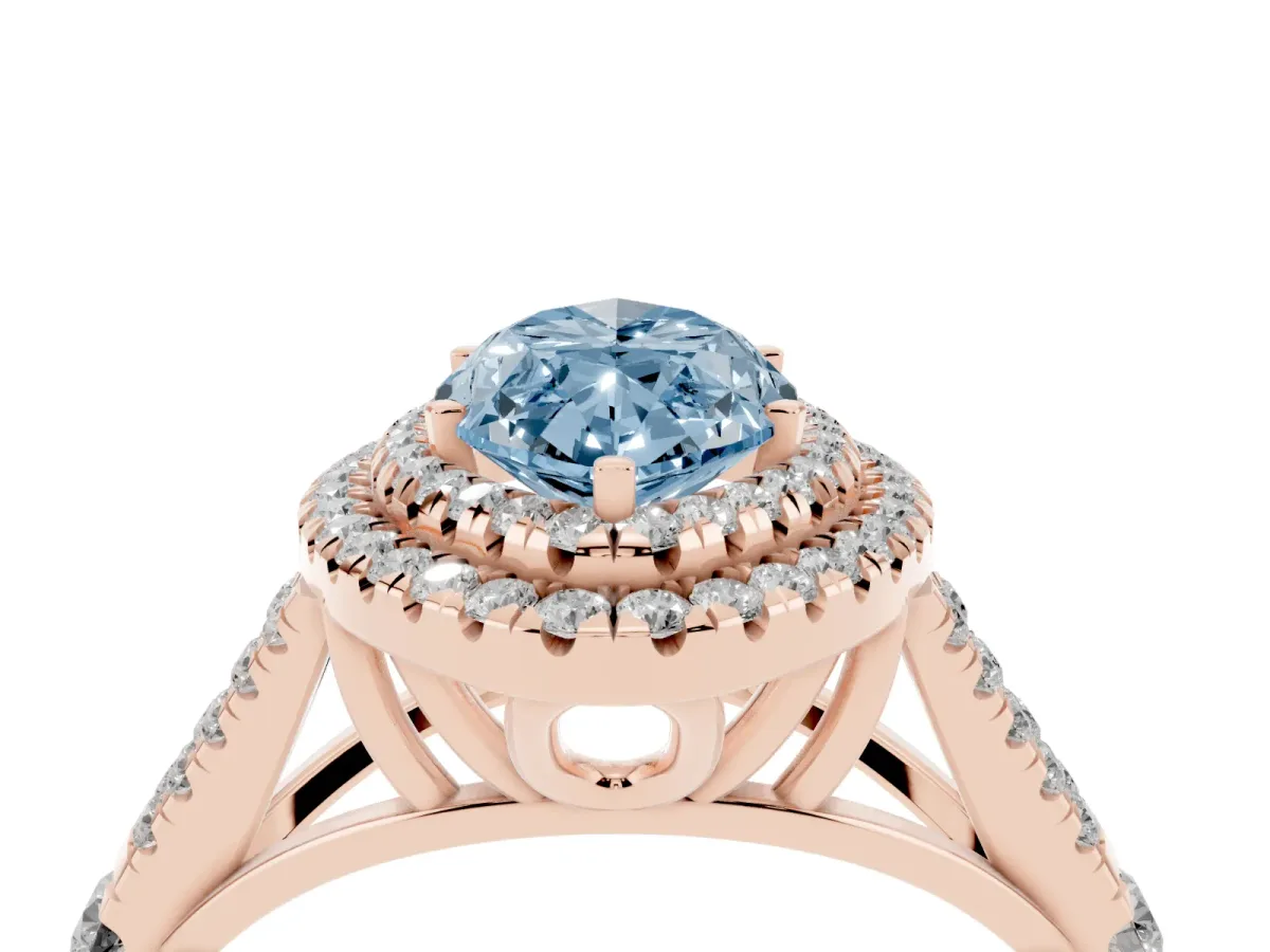 Fancy Blue Marquise Cut Cut Double Halo Split Shank Diamond Ring with Prong Setting Rose gold