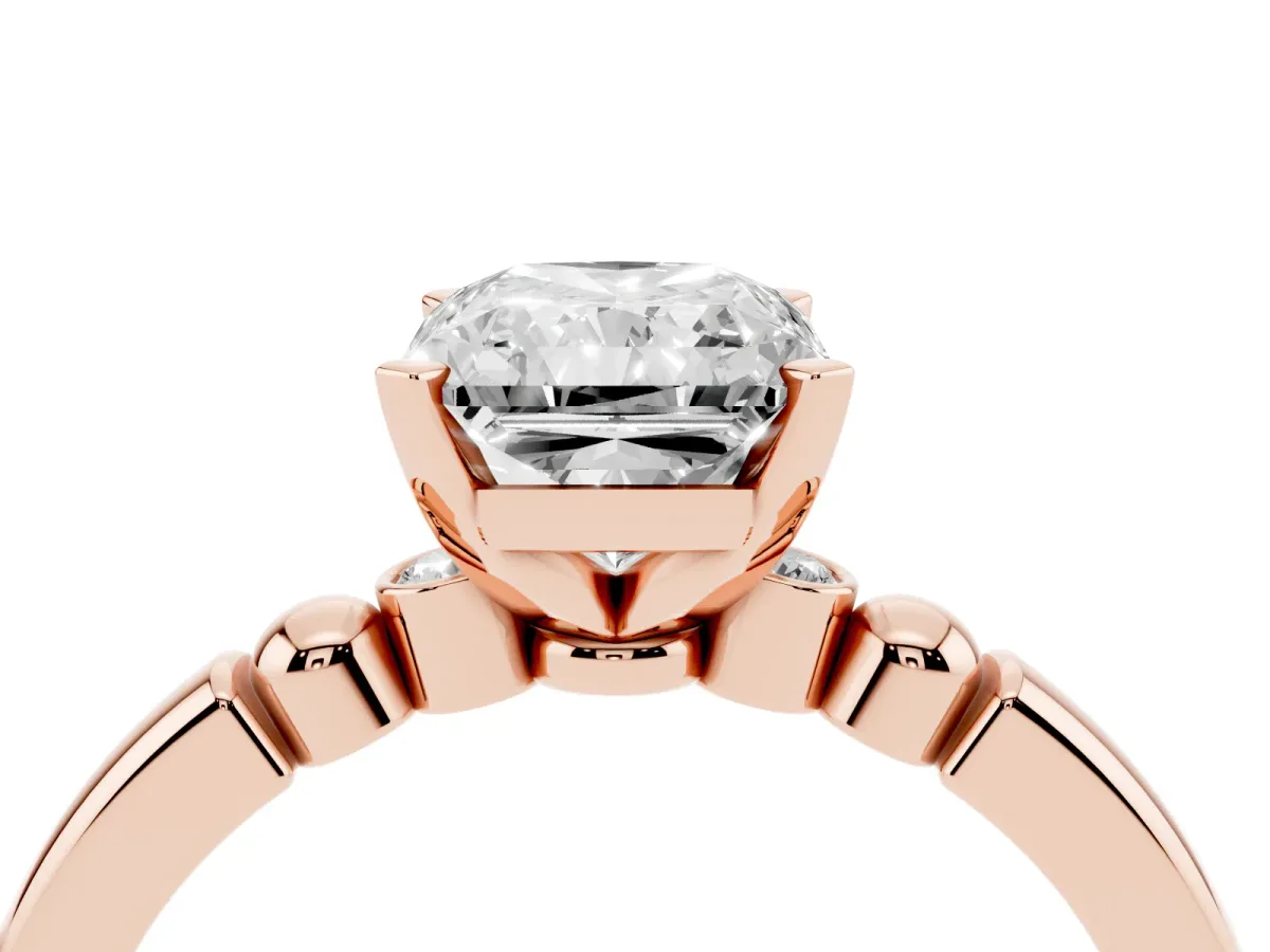 Radiant Cut Solitaire Beaded Band with Four-Prong Setting Rose gold