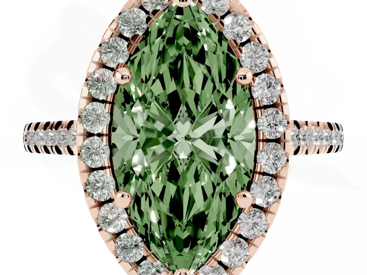 Fancy Green Marquise Cut Diamond Cushion Halo Ring with Pavé Band Rose gold
