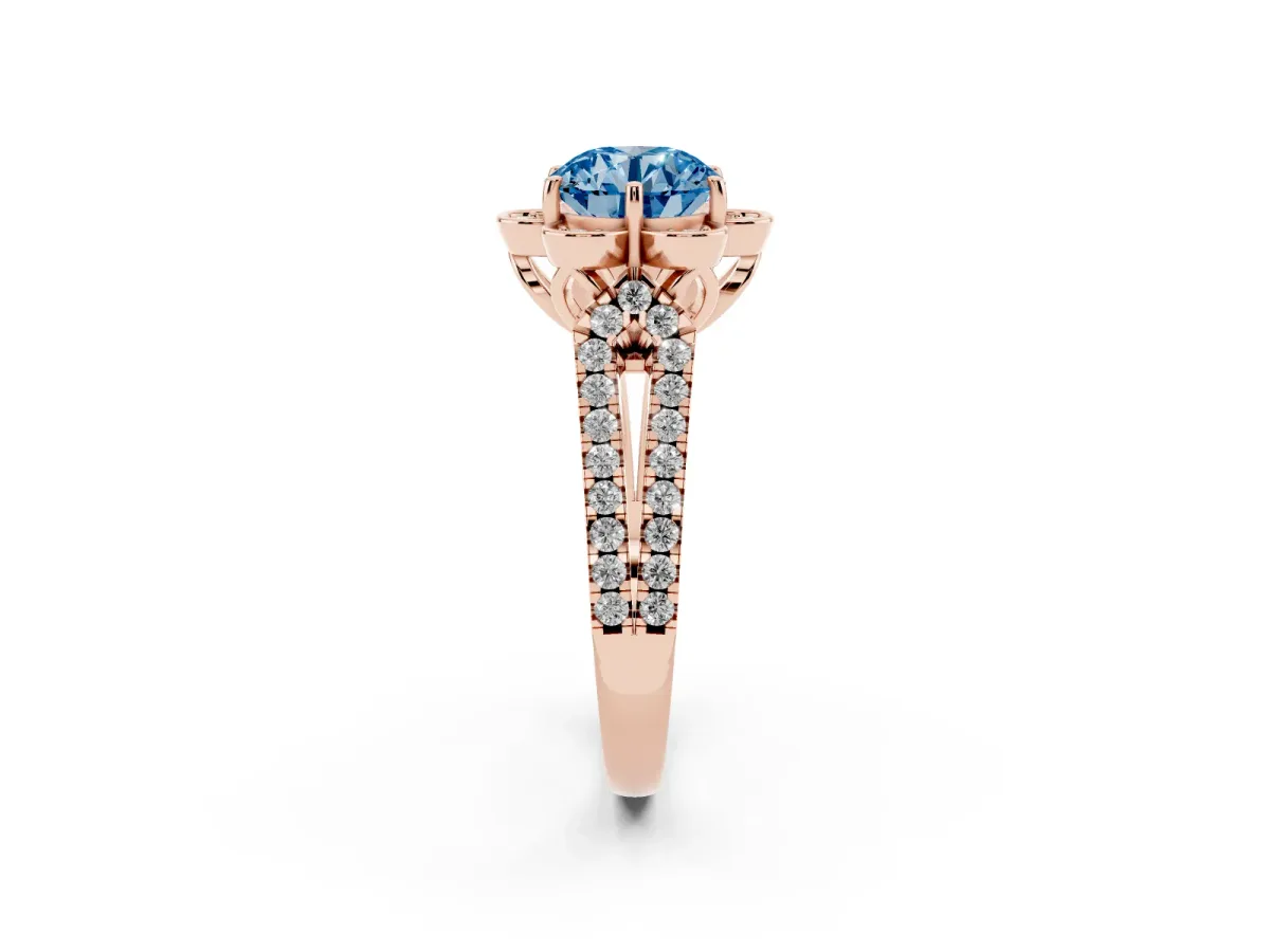 Fancy Blue Round Cut Halo Diamond Floral Split Shank Engagement Ring Rose gold