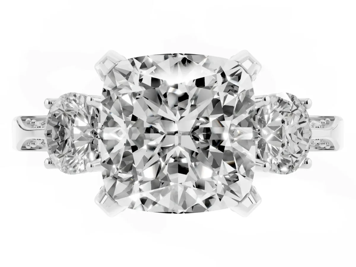 Cushion Cut Brilliant Three-Stone Diamond Ring with Pavé Band and Four-Prong Setting Silver