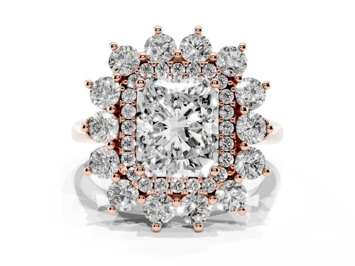 Radiant Cut Diamond Floral Double Halo Engagement Ring with Prong Setting Rose gold