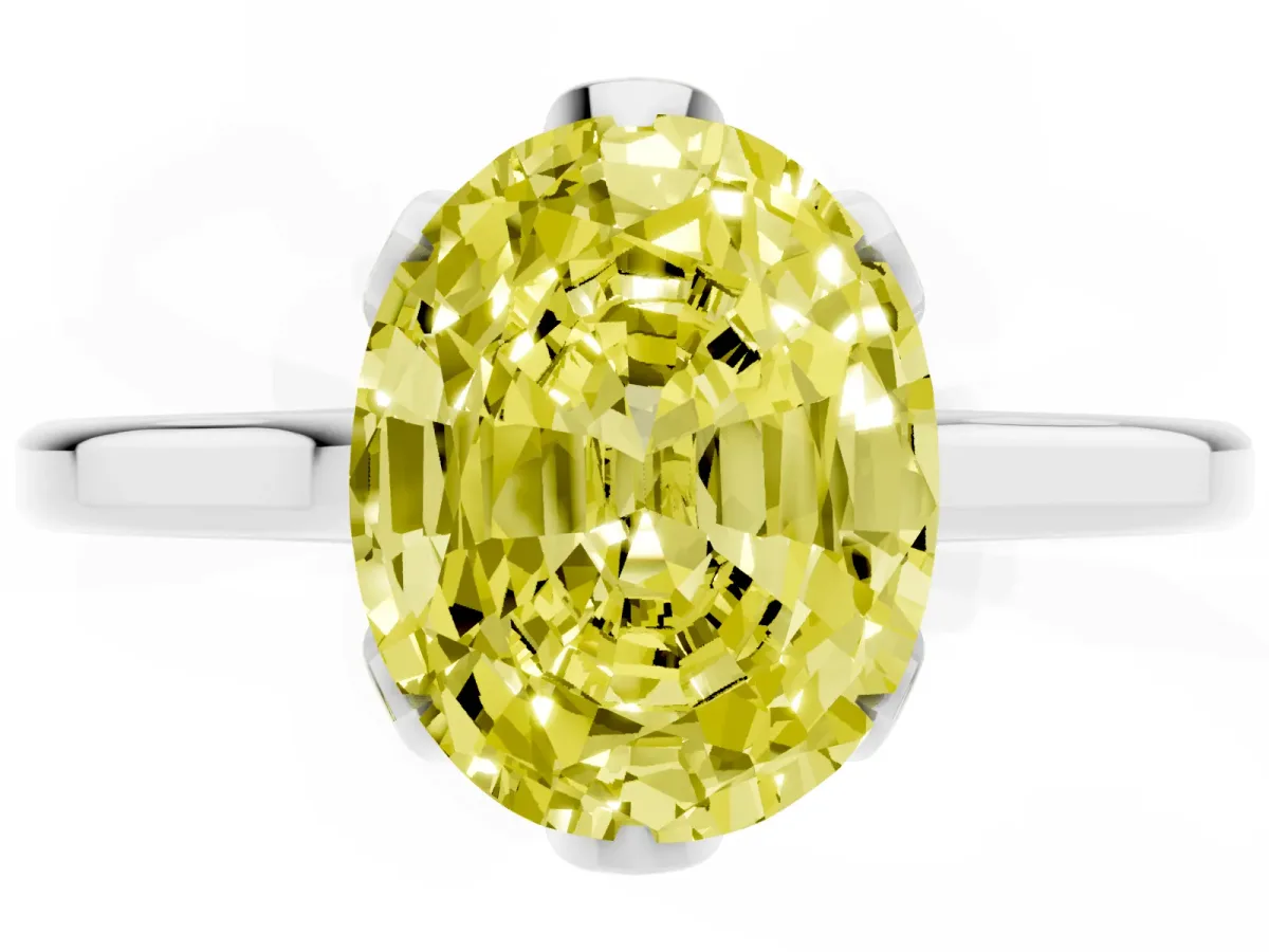 Fancy Yellow Oval Cut Diamond Solitaire Ring with Flower Prong Setting and Classic Band Silver