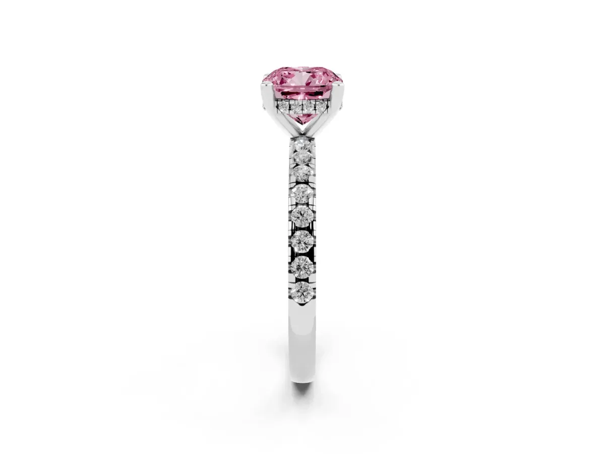 Fancy Pink Cushion Cut Diamond Solitaire Ring with Round Pavé Band and Four-Prong Setting Platinum