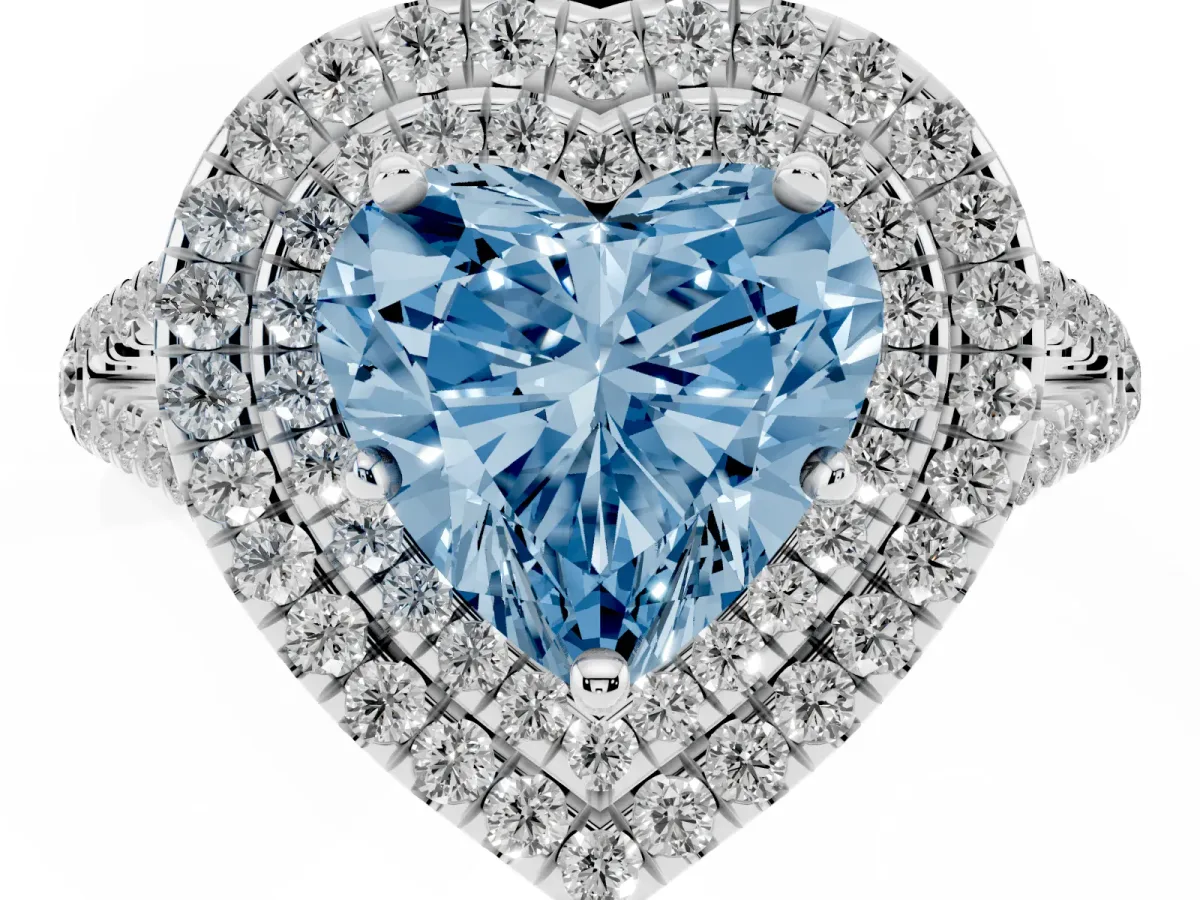 Fancy Blue Heart Cut Diamond Double Halo Ring with Pavé Band and Prong Setting Silver