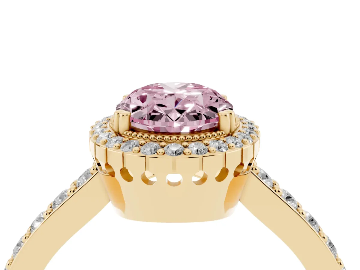 Fancy Pink Oval Cut Cut Diamond Halo Engagement Ring with Milgrain Detail and Pavé Band Yellow gold