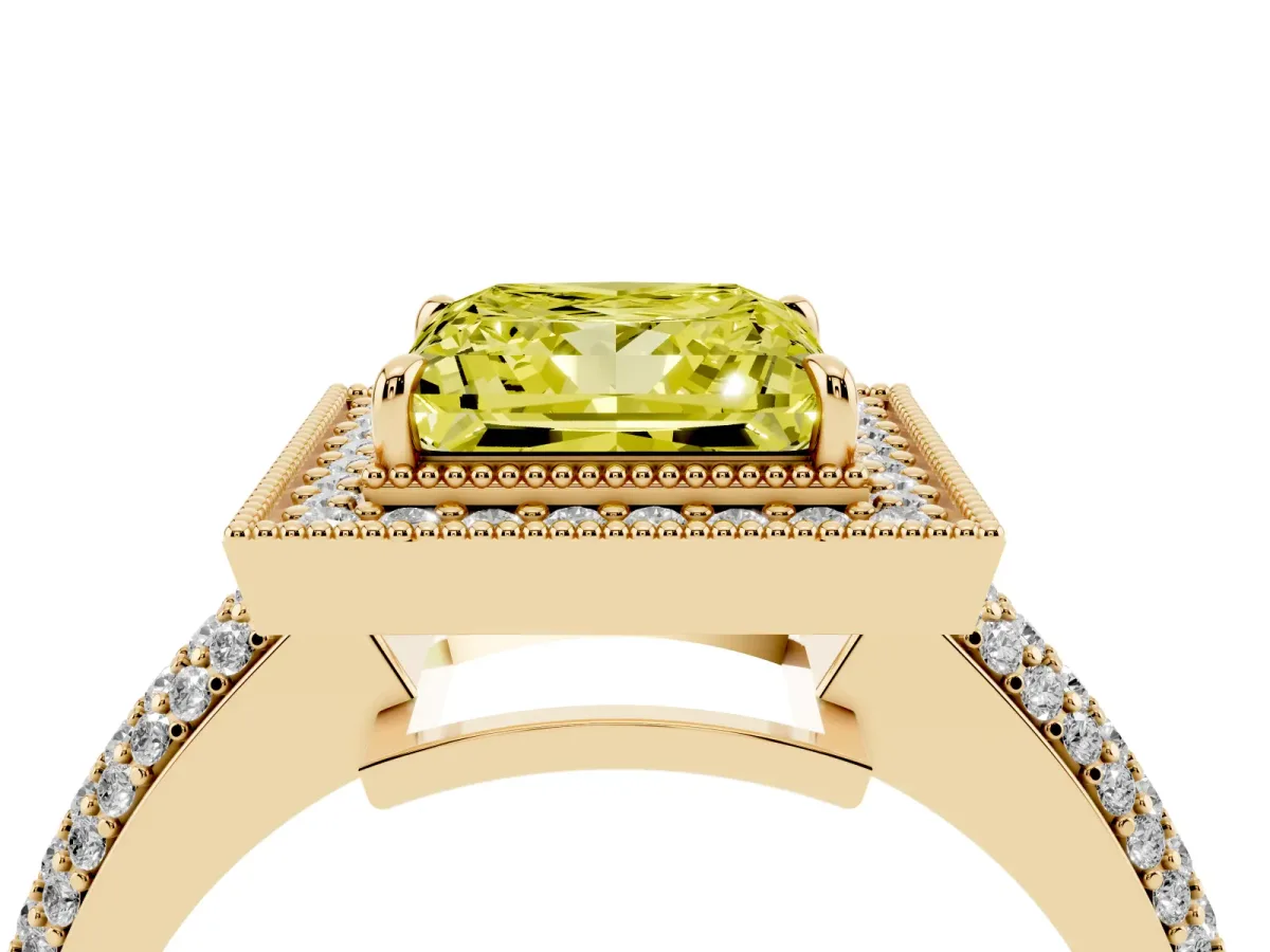 Fancy Yellow Princess Cut Cut Halo Diamond Pave Band with Four-Prong Setting Yellow gold