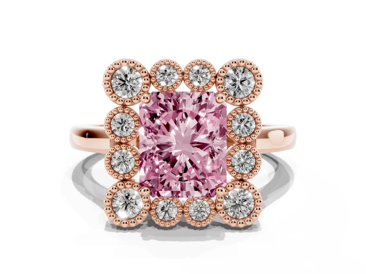 Fancy Pink Radiant Cut Halo Diamond Cluster Engagement Ring with Milgrain Bezel Setting and Solitaire Band Rose gold