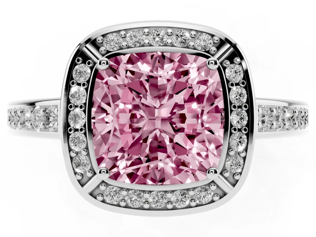 Fancy Pink Cushion Cut Cut Halo Pave Split Shank Prong Setting Ring Platinum