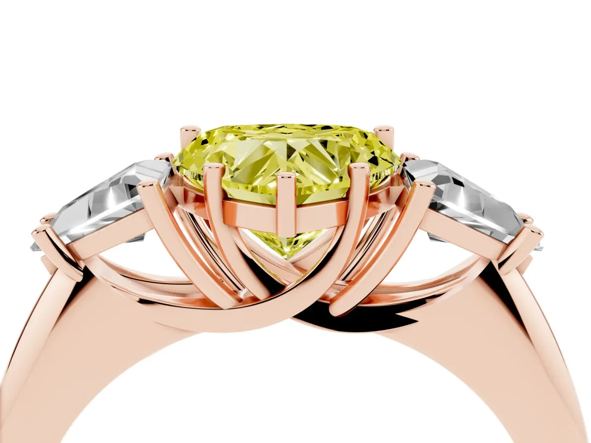 Fancy Yellow Three-Stone Heart Cut Diamond Engagement Ring with Trillion Side Stones and Prong Setting Rose gold