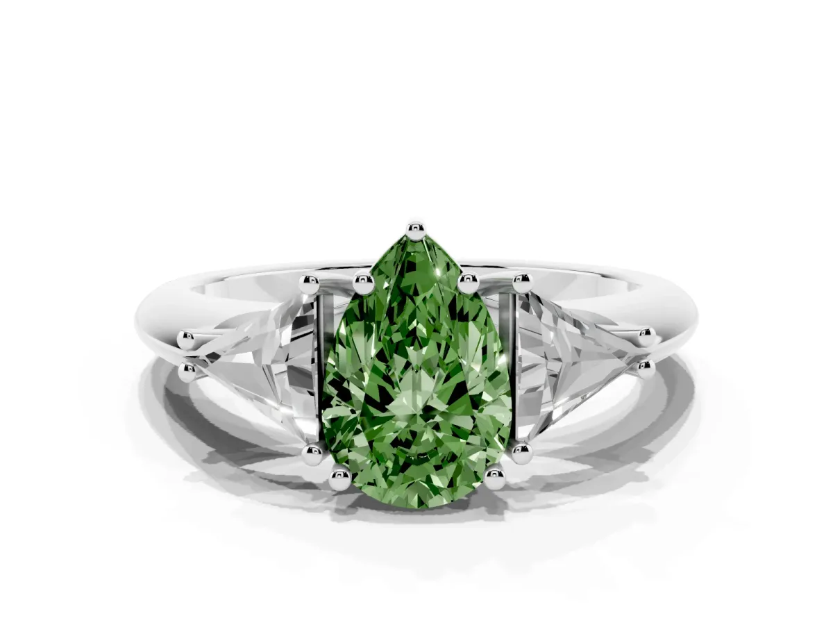 Fancy Green Three-Stone Pear Cut Diamond Engagement Ring with Trillion Side Stones and Prong Setting Silver