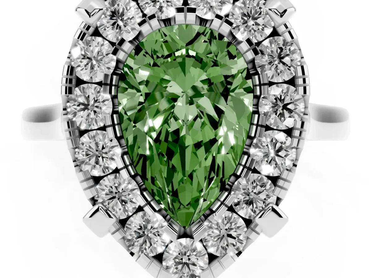Fancy Green Pear Cut Diamond Cluster Halo Solitaire with Four-Prong Setting Platinum