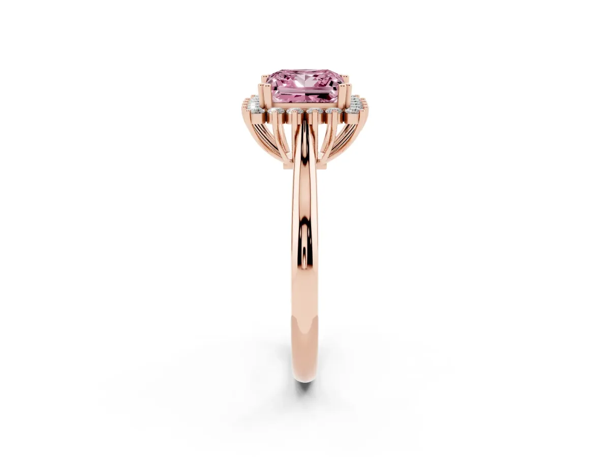 Fancy Pink Princess Cut Cut Diamond Halo Ring with Solitaire Band and Prong Setting Rose gold